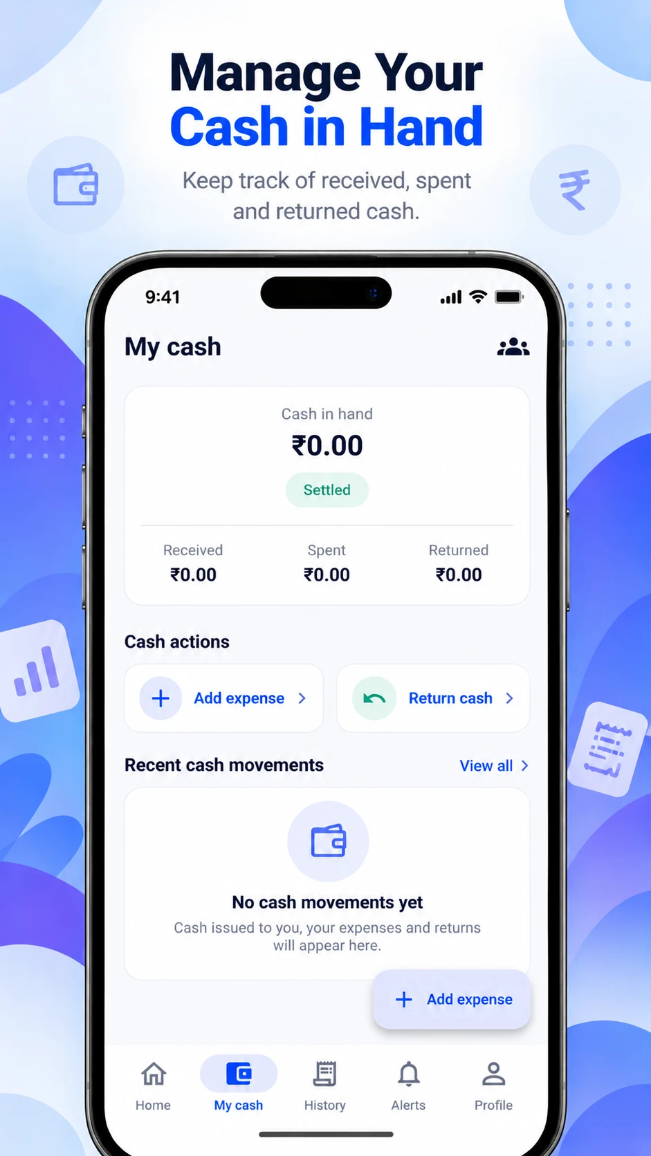 CashPilot My cash screen with the cash in hand and recent movements